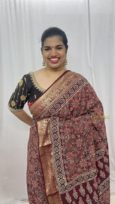 Vriksham Maroon Geometric Print Ajrakh Dola Silk Saree-VS4381